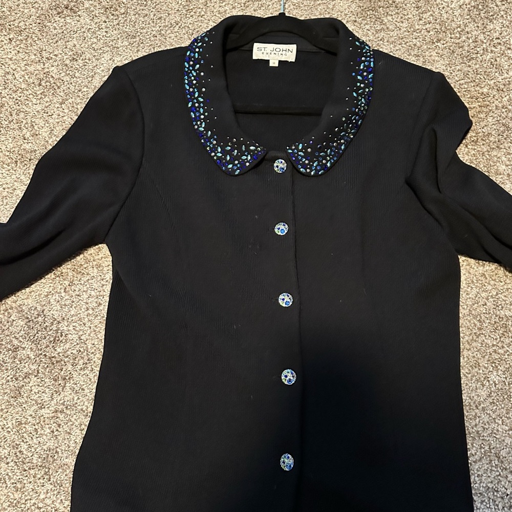 St. John Black Jacket with Embellished Collar, Black Skirt